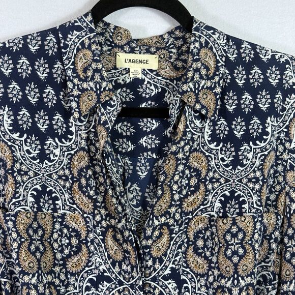L'Agence Navy 100% Silk Paisley Tie Belt Button Front Shirt Stella Dress Size S - Picture 4 of 14